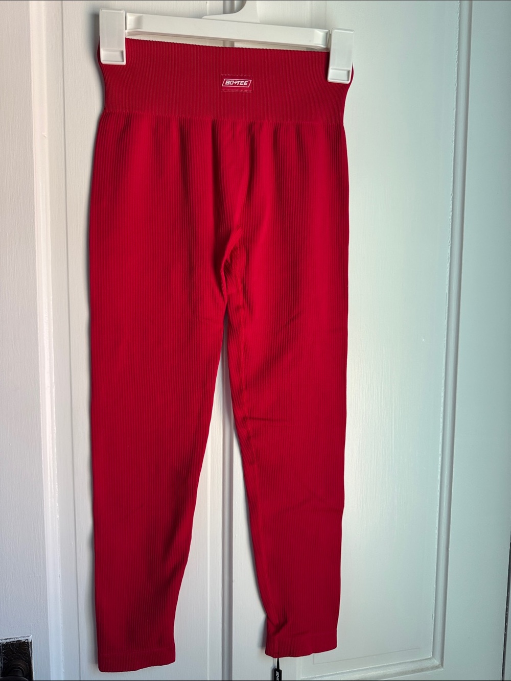 High-Rise Red Ribbed Leggings by BOBBIEE